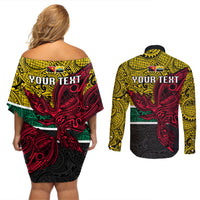 Personalised Papua New Guinea Hela Province Couples Matching Off Shoulder Short Dress and Long Sleeve Button Shirts PNG Birds Of Paradise Polynesian Arty Style LT03 - Polynesian Pride
