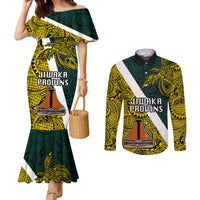 Papua New Guinea Jiwaka Province Couples Matching Mermaid Dress and Long Sleeve Button Shirts PNG Birds Of Paradise Polynesian Arty Style LT03 Yellow - Polynesian Pride