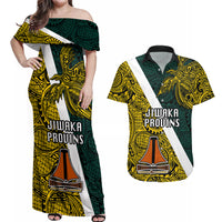 Papua New Guinea Jiwaka Province Couples Matching Off Shoulder Maxi Dress and Hawaiian Shirt PNG Birds Of Paradise Polynesian Arty Style LT03 Yellow - Polynesian Pride