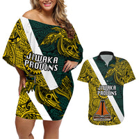 Papua New Guinea Jiwaka Province Couples Matching Off Shoulder Short Dress and Hawaiian Shirt PNG Birds Of Paradise Polynesian Arty Style LT03 Yellow - Polynesian Pride