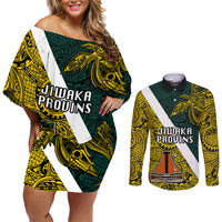 Personalised Papua New Guinea Jiwaka Province Couples Matching Off Shoulder Short Dress and Long Sleeve Button Shirts PNG Birds Of Paradise Polynesian Arty Style LT03 Yellow - Polynesian Pride