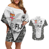 Custom Fiji Pacific Rugby 2024 Couples Matching Off Shoulder Short Dress and Hawaiian Shirt Tapa Tribal and Fijian Masi Pattern LT03 White - Polynesian Pride