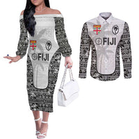 Custom Fiji Pacific Rugby 2024 Couples Matching Off The Shoulder Long Sleeve Dress and Long Sleeve Button Shirt Tapa Tribal and Fijian Masi Pattern LT03 White - Polynesian Pride