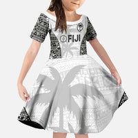 Custom Fiji Pacific Rugby 2024 Family Matching Short Sleeve Bodycon Dress and Hawaiian Shirt Tapa Tribal and Fijian Masi Pattern LT03 Daughter's Dress White - Polynesian Pride