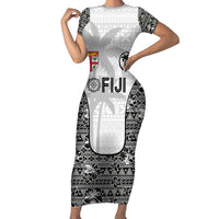 Custom Fiji Pacific Rugby 2024 Family Matching Short Sleeve Bodycon Dress and Hawaiian Shirt Tapa Tribal and Fijian Masi Pattern LT03 Mom's Dress White - Polynesian Pride