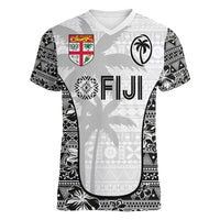 Custom Fiji Pacific Rugby 2024 Women V-Neck T-Shirt Tapa Tribal and Fijian Masi Pattern LT03 Female White - Polynesian Pride