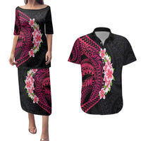 Hawaiian Tropical Plumeria Art Polynesian Tattoo Couples Matching Puletasi and Hawaiian Shirt Black and Bright Pink Color LT03 Pink - Polynesian Pride