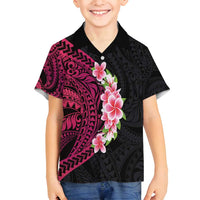 Hawaiian Tropical Plumeria Art Polynesian Tattoo Family Matching Long Sleeve Bodycon Dress and Hawaiian Shirt Black and Bright Pink Color LT03 Son's Shirt Pink - Polynesian Pride
