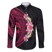 Hawaiian Tropical Plumeria Art Polynesian Tattoo Family Matching Puletasi and Hawaiian Shirt Black and Bright Pink Color