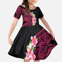 Hawaiian Tropical Plumeria Art Polynesian Tattoo Family Matching Short Sleeve Bodycon Dress and Hawaiian Shirt Black and Bright Pink Color