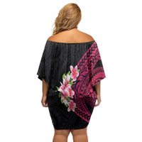 Hawaiian Tropical Plumeria Art Polynesian Tattoo Off Shoulder Short Dress Black and Bright Pink Color