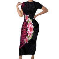 Hawaiian Tropical Plumeria Art Polynesian Tattoo Short Sleeve Bodycon Dress Black and Bright Pink Color LT03 Long Dress Pink - Polynesian Pride
