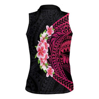Hawaiian Tropical Plumeria Art Polynesian Tattoo Women Sleeveless Polo Shirt Black and Bright Pink Color