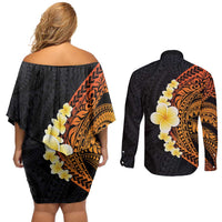 Hawaiian Tropical Plumeria Art Polynesian Tattoo Couples Matching Off Shoulder Short Dress and Long Sleeve Button Shirt Black and Autumn Color Theme