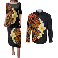 Hawaiian Tropical Plumeria Art Polynesian Tattoo Couples Matching Puletasi and Long Sleeve Button Shirt Black and Autumn Color Theme LT03 Orange - Polynesian Pride