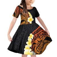 Hawaiian Tropical Plumeria Art Polynesian Tattoo Family Matching Off Shoulder Short Dress and Hawaiian Shirt Black and Autumn Color Theme