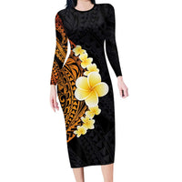 Hawaiian Tropical Plumeria Art Polynesian Tattoo Long Sleeve Bodycon Dress Black and Autumn Color Theme LT03 Long Dress Orange - Polynesian Pride