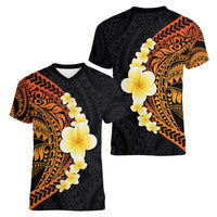 Hawaiian Tropical Plumeria Art Polynesian Tattoo Women V-Neck T-Shirt Black and Autumn Color Theme LT03 - Polynesian Pride
