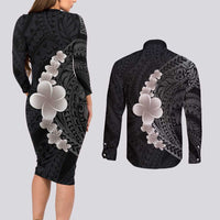 Hawaiian Tropical Plumeria Art Polynesian Tattoo Couples Matching Long Sleeve Bodycon Dress and Long Sleeve Button Shirt Grayscale Color