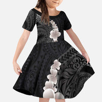 Hawaiian Tropical Plumeria Art Polynesian Tattoo Family Matching Long Sleeve Bodycon Dress and Hawaiian Shirt Grayscale Color LT03 Daughter's Dress Black - Polynesian Pride