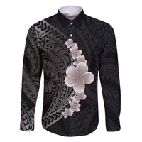 Hawaiian Tropical Plumeria Art Polynesian Tattoo Family Matching Long Sleeve Bodycon Dress and Hawaiian Shirt Grayscale Color LT03 Dad's Shirt - Long Sleeve Black - Polynesian Pride