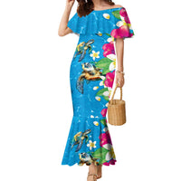 Hawaiian Tropical Flower and Honu Under Blue Water Family Matching Mermaid Dress and Hawaiian Shirt
