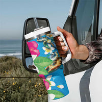 Hawaiian Tropical Flower and Honu Under Blue Water Tumbler With Handle