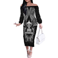 Custom New Zealand Rugby Family Matching Off Shoulder Long Sleeve Dress and Hawaiian Shirt Aotearoa Champion Cup History with Silver Fern LT03 Mom's Dress Black - Polynesian Pride