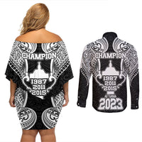 New Zealand Rugby Couples Matching Off Shoulder Short Dress and Long Sleeve Button Shirt Aotearoa Champion Cup History with Haka Dance LT03 - Polynesian Pride