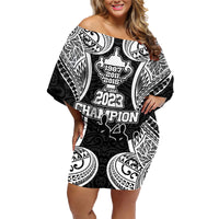 Personalised New Zealand Rugby Family Matching Off Shoulder Short Dress and Hawaiian Shirt Aotearoa Champion Cup History with Haka Dance LT03 Mom's Dress Black - Polynesian Pride