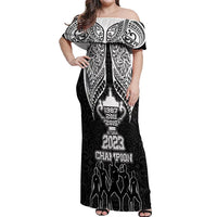 Personalised New Zealand Rugby Off Shoulder Maxi Dress Aotearoa Champion Cup History with Haka Dance LT03 Women Black - Polynesian Pride