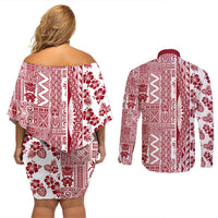 Hawaii Couples Matching Off Shoulder Short Dress and Long Sleeve Button Shirt Aloha Tropical Plants Tribal Pattern Red Version LT03 - Polynesian Pride
