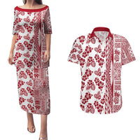 Hawaii Couples Matching Puletasi Dress and Hawaiian Shirt Aloha Tropical Plants Tribal Pattern Red Version LT03 Red - Polynesian Pride