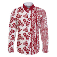 Hawaii Family Matching Off Shoulder Long Sleeve Dress and Hawaiian Shirt Aloha Tropical Plants Tribal Pattern Red Version LT03 Dad's Shirt - Long Sleeve Red - Polynesian Pride