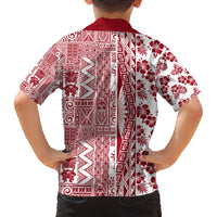 Hawaii Family Matching Off Shoulder Short Dress and Hawaiian Shirt Aloha Tropical Plants Tribal Pattern Red Version LT03 - Polynesian Pride