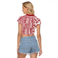 Hawaii Raglan Cropped T Shirt Aloha Tropical Plants Tribal Pattern Red Version LT03 - Polynesian Pride