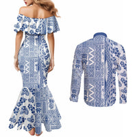Hawaii Couples Matching Mermaid Dress and Long Sleeve Button Shirt Aloha Tropical Plants Tribal Pattern Blue Version LT03 - Polynesian Pride