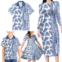 Hawaii Family Matching Long Sleeve Bodycon Dress and Hawaiian Shirt Aloha Tropical Plants Tribal Pattern Blue Version LT03 - Polynesian Pride