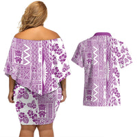 Hawaii Couples Matching Off Shoulder Short Dress and Hawaiian Shirt Aloha Tropical Plants Tribal Pattern Pink Version LT03 - Polynesian Pride