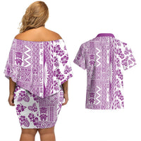 Hawaii Couples Matching Off Shoulder Short Dress and Hawaiian Shirt Aloha Tropical Plants Tribal Pattern Pink Version LT03 - Polynesian Pride