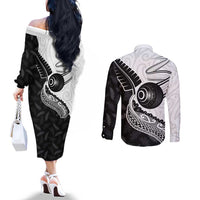 Personalised Aotearoa Lawn Bowls Couples Matching Off The Shoulder Long Sleeve Dress and Long Sleeve Button Shirt Maori and Silver Fern Half Style LT03 - Polynesian Pride
