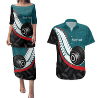 Personalised Aotearoa Lawn Bowls Couples Matching Puletasi and Hawaiian Shirt Maori and Silver Fern Sporty Style Teal Color LT03 Teal - Polynesian Pride