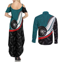 Personalised Aotearoa Lawn Bowls Couples Matching Summer Maxi Dress and Long Sleeve Button Shirt Maori and Silver Fern Sporty Style Teal Color LT03 - Polynesian Pride
