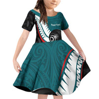 Personalised Aotearoa Lawn Bowls Family Matching Off Shoulder Short Dress and Hawaiian Shirt Maori and Silver Fern Sporty Style Teal Color LT03 Daughter's Dress Teal - Polynesian Pride