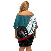 Personalised Aotearoa Lawn Bowls Family Matching Off Shoulder Short Dress and Hawaiian Shirt Maori and Silver Fern Sporty Style Teal Color LT03 - Polynesian Pride