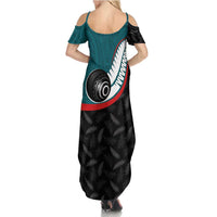 Personalised Aotearoa Lawn Bowls Family Matching Summer Maxi Dress and Hawaiian Shirt Maori and Silver Fern Sporty Style Teal Color LT03 - Polynesian Pride