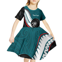 Personalised Aotearoa Lawn Bowls Kid Short Sleeve Dress Maori and Silver Fern Sporty Style Teal Color LT03 - Polynesian Pride