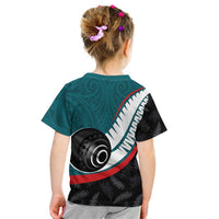 Personalised Aotearoa Lawn Bowls Kid T Shirt Maori and Silver Fern Sporty Style Teal Color LT03 - Polynesian Pride