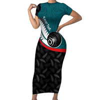 Personalised Aotearoa Lawn Bowls Short Sleeve Bodycon Dress Maori and Silver Fern Sporty Style Teal Color LT03 Long Dress Teal - Polynesian Pride
