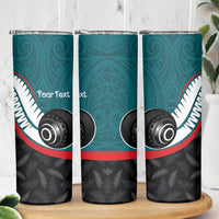 Personalised Aotearoa Lawn Bowls Skinny Tumbler Maori and Silver Fern Sporty Style Teal Color LT03 - Polynesian Pride